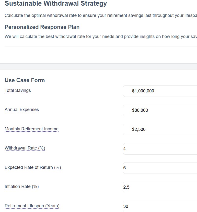 Withdrawal calculator dashboard